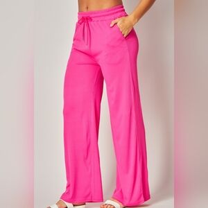 Fushia Ribbed Drawstring  Wide Leg Lounge Pants